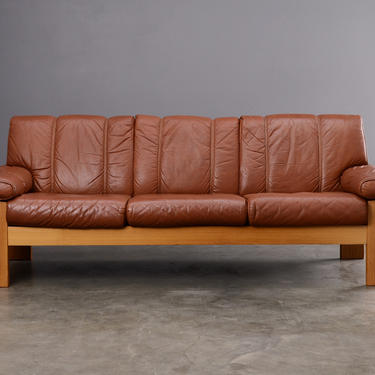 Vintage Norwegian Sofa Saddle Brown Leather and Teak by Ekornes 