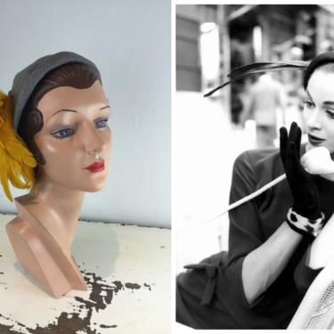 Telephone Moments - Vintage 1940s 1950s Heather Gray/Grey Wool Felt Sculpted Caplet Hat w/Mustard Feathers 