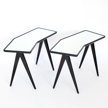 Gio Ponti Black Lacquered Walnut Pair of Side Tables Mirrored Glass Tops Asymmetrical Forms 