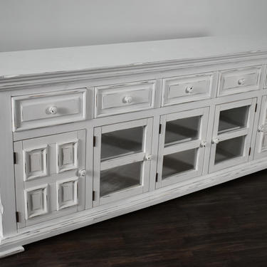 Rustic Solid Wood Distressed Whitewashed 83 inch White TV Stand / Media Console 