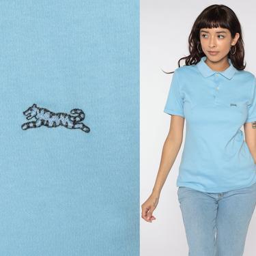 LE TIGRE Polo Shirt 80s Baby Blue Shirt Tiger Half Button Up Shirt Collared T Shirt 1980s Retro Vintage Small S 