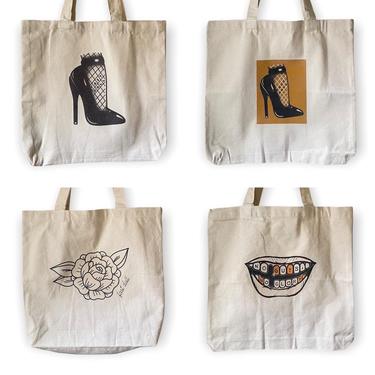 Fast Doll medium size canvas top-handle tote bags - black and white high heel, yellow heel, tattoo mouth, rose 