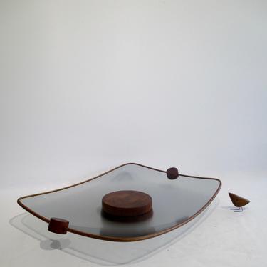 A Fine Large Vintage Modern Ernest Sohn Teak W/frosted glass Cheese and hor d'oeuvre Tray 