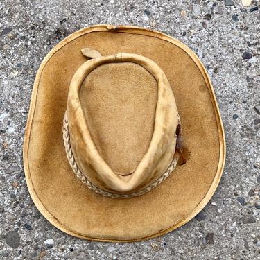1970s Australian Tan Leather Braided band with feather Cowboy Rancher Hat 