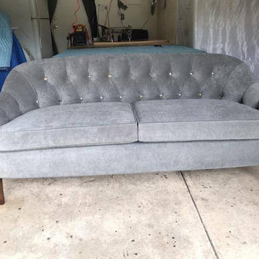 Grey velvet button tufted sofa - Available NOW 