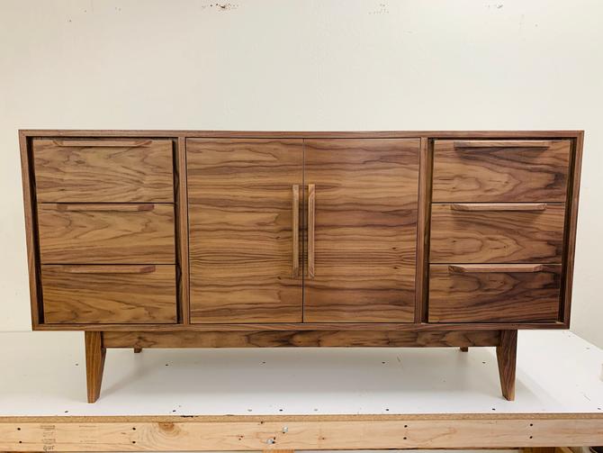 NEW Hand Built Mid Century Style Credenza / Buffet / Bathroom Vanity -  Walnut 60&amp;quot; 6 Drawer with Double Door in Center - Free Shipping! 