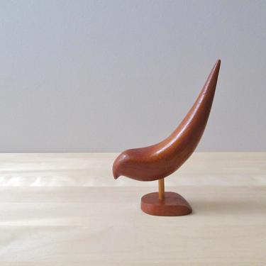 teak bird - mid century wood carving - hand carved wooden songbird 