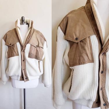 1980s Nieman Marcus Mens Bomber Jacket Cream Knit Brown Leather / 80s Snap Front Jacket Neutral Tones Rugged M / Reynold 