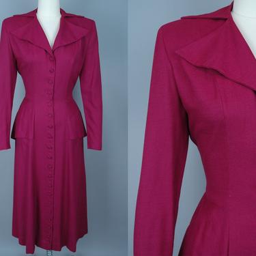 1940s Day Dress | Vintage 40s Berry Red Long Sleeved Dress with Peplum | small 