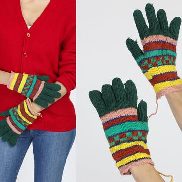 Vintage 70s Handmade Knit Winter Gloves - Small to Medium 