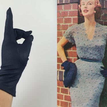Keeping Up Appearances - Vintage 1950s 1960s Hansen Navy Blue Faux Leather Fabric Gloves - 6 1/2 