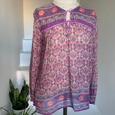 1970s Indian Cotton Block print blouse  with floral print in lavender, plum, apricot and robin's egg blue tones; 36 bust vintage 