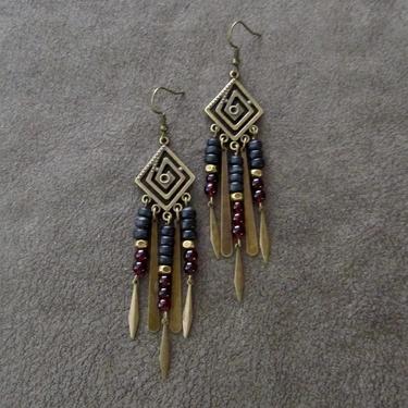 Chandelier earrings, wood boho chic earrings, ethnic tribal earrings, red stone earrings, exotic statement earrings, southwest earrings 