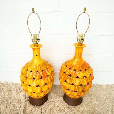 NEW - Set of Two Ceramic Bright Orange and Yellow Drip Glaze Lattice style side Table Lamps 