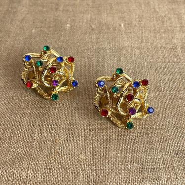 Knotted golden clip on earrings with rhinestones - 1980s vintage costume jewelry 