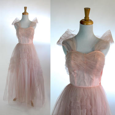 Vintage 1950's Princess Dress Pale Pink Rockabilly Prom Wedding Ballgown Burlesque Tulle Tiered Crinoline Skirt Size XS 