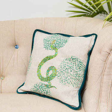 Embroidered River Snake Pillow in Greens