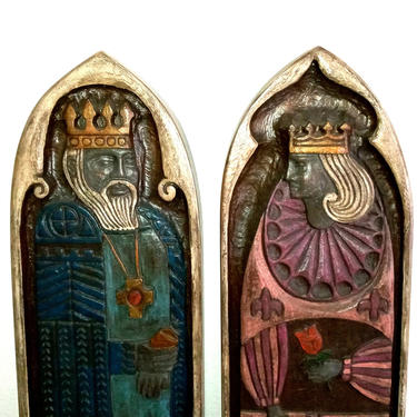 Tall King and Queen Wood Carved Wall Plaques 
