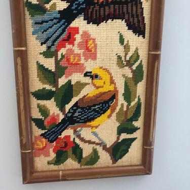Vintage 1960s-1970s Bird and Floral Needlepoint in vintage wood frame, Interior Design accent, Vintage Kitsch Home Decor, bird watcher gift 