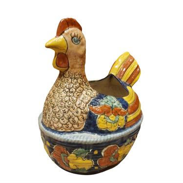 Vintage Mexican Folk Art Rooster/Hen Talavera Ceramic and Painted Garden Pot / Planter 