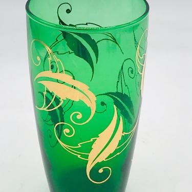 Vintage emerald green &amp; gold leaves Tumbler Glass 16 oz- Nice Condition 