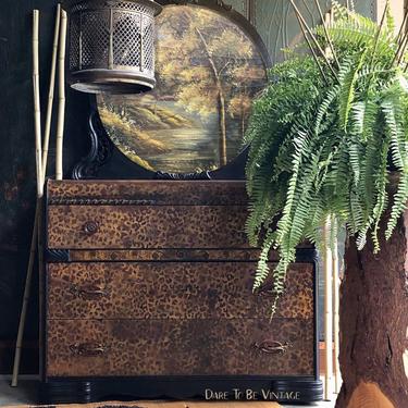 Vintage Hand Painted Leopard Foral Dresser - Vintage Art Deco Dresser - Bohemian Furniture - Vintage Dresser Bedroom Furniture 