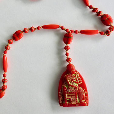 Max Neiger Red Czech Glass Seated Pharaoh Pendant Scarab Necklace 