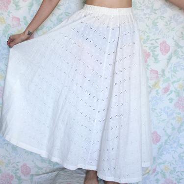 Vintage Prairie Skirt, Eyelet Embroidered Pattern in White, Maxi Skirt by Michael Seroy, Size Medium 