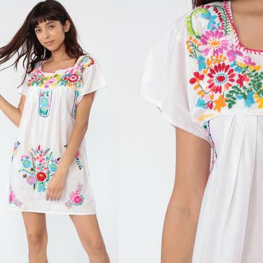 Mexican Embroidered Dress White Mini Boho Cotton Tunic Hippie Floral Ethnic Bohemian Vintage Embroidery Traditional Summer Small 