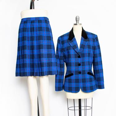 Vintage Pendleton Suit - 1990s Tartan Blue Plaid Wool Pleated Skirt Blazer Ensemble 90s - Small 