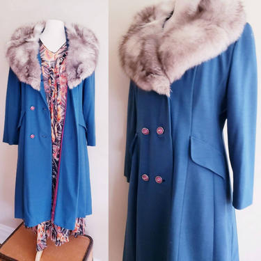 1970s Blue Wool Coat Fox Fur Collar / 70s Double Breasted Winter Coat / De Mar's Chicago / L / Arabella 