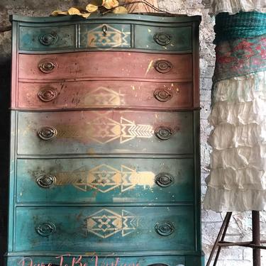 Bohemian Painted Dresser - Vintage Dresser  - Rustic Farmhouse Dresser - Painted Furniture - Southwestern Dresser 