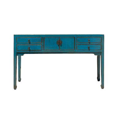 Oriental Rustic Teal Blue Lacquer Drawers Slim Foyer Side Table cs6141E 