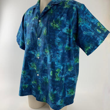 1950'S-60'S HAWAIIAN SHIRT - Patch Pocket - Loop Collar - All Cotton - Aloha - Men's Large to XL - As is 