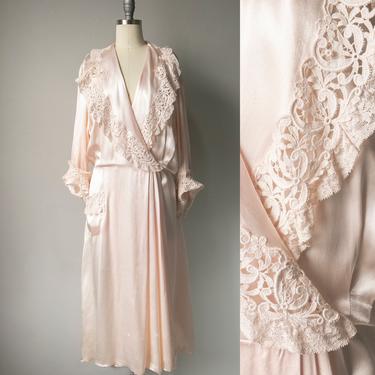 1940s Robe Pink Lace Rayon Loungewear L 