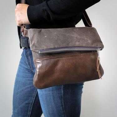 Waxed Canvas &amp; Leather Foldover Day Bag Bark Brown