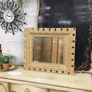 LOCAL PICKUP ONLY Vintage Mirror 1960’s Retro Size 27x31 Large Wall Mirror with Ornate Carved Wood Details + Painted Gold Wood Framed Mirror 