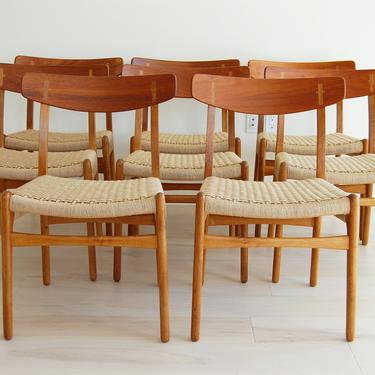 8 Danish Modern Teak and Oak Dining Chairs Woven  Paper Cord CH-23 Hans J Wegner for Carl Hansen and Son Made in Denmark 