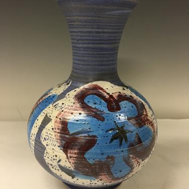 Vintage 1972 B Welsh Studio Art Pottery Vase Blue Flower Stoneware Artisan Signed 