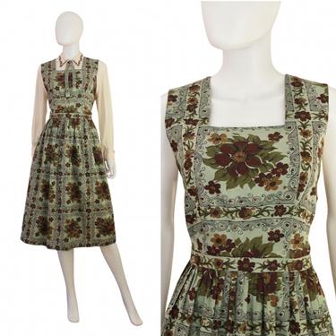 EXCLUSIVE 1950s Inspired Pinafore Dress - Custom Made 1950s Floral Pinafore - Vintage Inspired Floral Dress - Sage Green Dress  | Size Large 