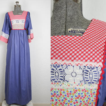 1970's Chambray and Gingham Cotton Maxi Dress / Size Medium 