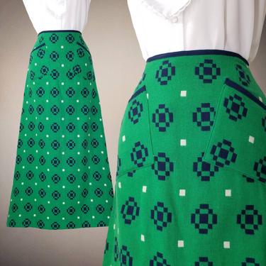 Vintage Wool Wrap Skirt, Medium Large / Woven Green Hostess Skirt / 1970s Green Winter Walking Skirt / Christmas Party Skirt 