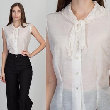 Vintage Sheer White Lace Collar Top, As Is - Medium | Boho Sleeveless Button Up Tailored Layering Piece Blouse 