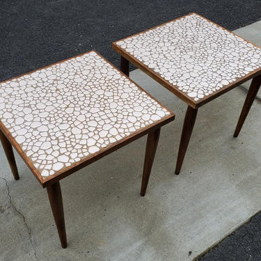 Mid Century Modern Kraftware Denmark Tile Top Tables Petite End Tables or Night Stands White Tile Mosaic Tapered Walnut Legs Office Entryway by MakingMidCenturyMod