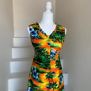 Sexy 1970s Hawaiian Maxi Dress by Hukilau Fashions 34 Bust Vintage Empire Waist 