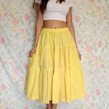 Vintage Yellow and White Gingham Prairie Tiered Broomstick Maxi Skirt,  Size Small-Medium 
