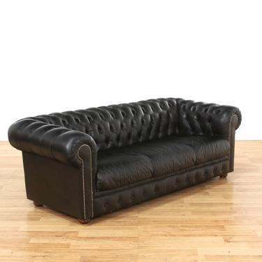 Black Tufted Leather Chesterfield Sofa w/ Nailhead Trim