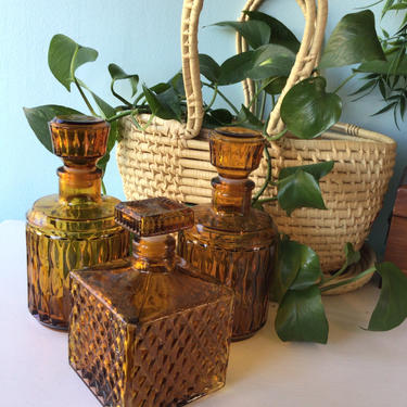 Vintage Decanter Set of 3 diamond 1970s vintage cut amber glass decanters Mid Century BarWare Amber Glass 