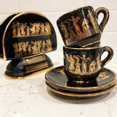 5 Piece of Vintage Itinias Designs 24 K Gold Hand Painted Cups and Saucers and Napkin Holder Hand Made In Greece, Antique Handmade Greece by LeChalet