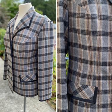 70’s Gray plaid wool blazer~ nubby British style women’s suit jacket~ 1970s preppy plaid ~fitted boxy short~ neutral tones 